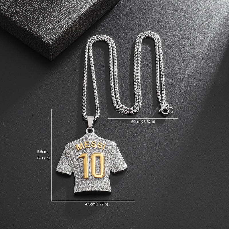 Eco-friendly alloy jewelry: gold-plated, diamond-encrusted soccer jersey pendant (No. 10), fashionable necklace