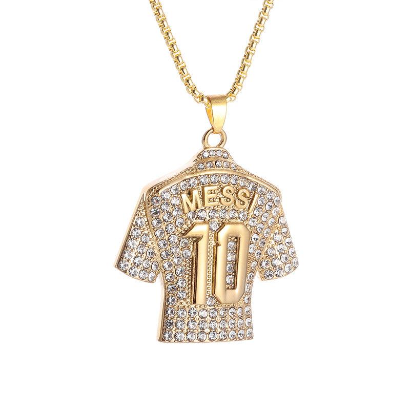 Eco-friendly alloy jewelry: gold-plated, diamond-encrusted soccer jersey pendant (No. 10), fashionable necklace