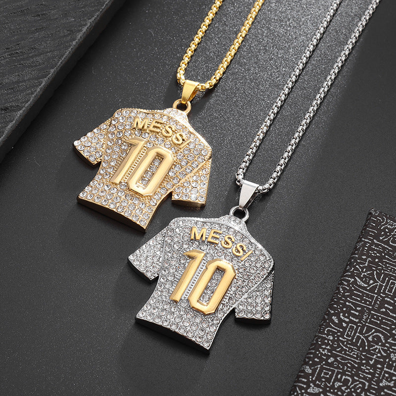 Eco-friendly alloy jewelry: gold-plated, diamond-encrusted soccer jersey pendant (No. 10), fashionable necklace