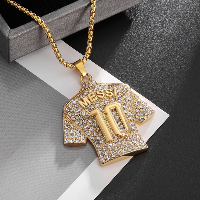 Eco-friendly alloy jewelry: gold-plated, diamond-encrusted soccer jersey pendant (No. 10), fashionable necklace
