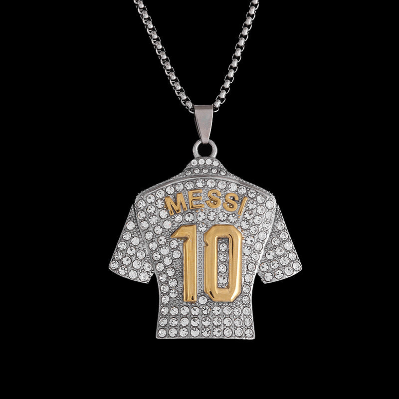 Eco-friendly alloy jewelry: gold-plated, diamond-encrusted soccer jersey pendant (No. 10), fashionable necklace