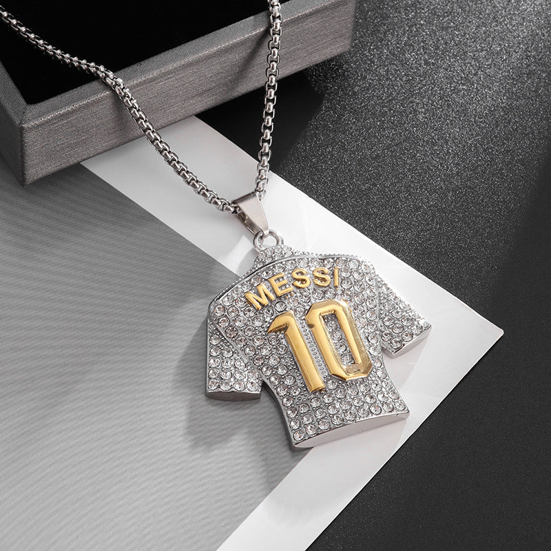 Eco-friendly alloy jewelry: gold-plated, diamond-encrusted soccer jersey pendant (No. 10), fashionable necklace
