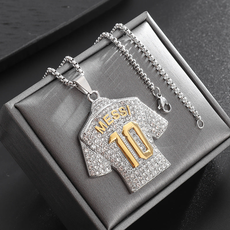 Eco-friendly alloy jewelry: gold-plated, diamond-encrusted soccer jersey pendant (No. 10), fashionable necklace